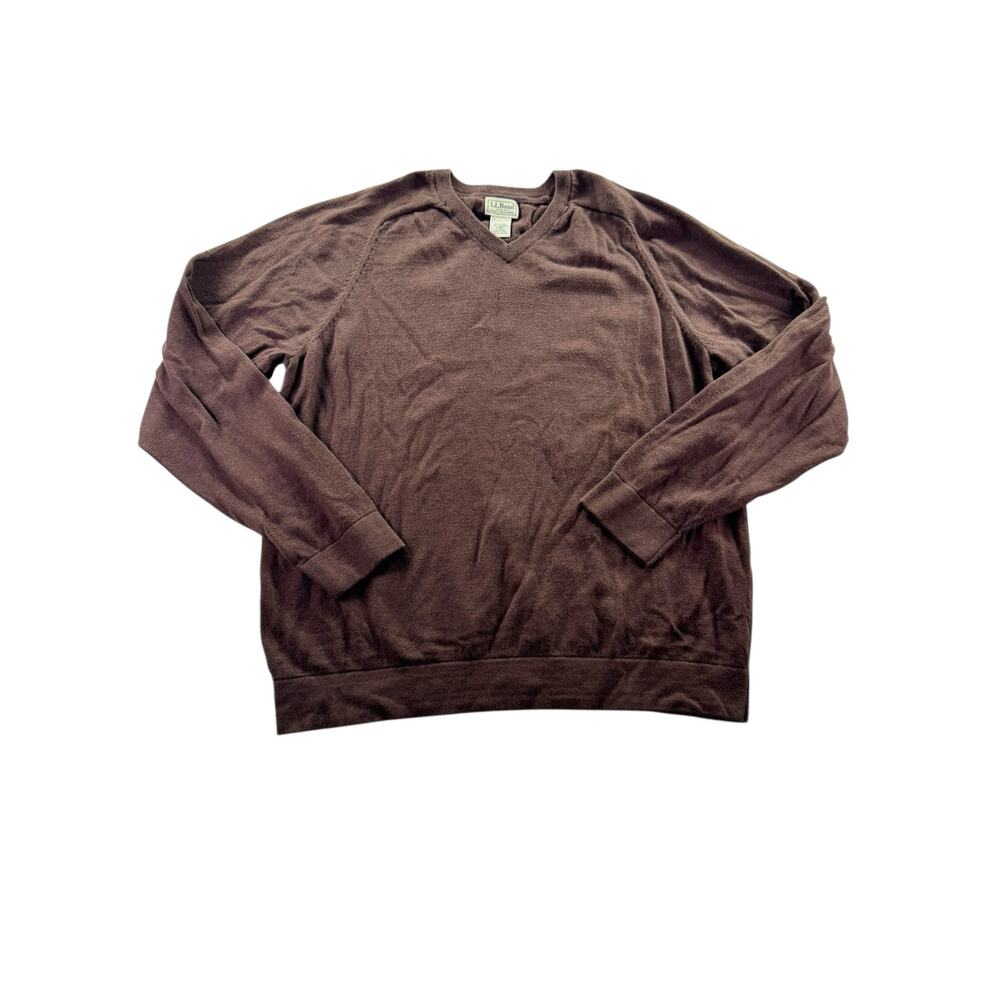L.L. Bean Mens V-Neck Sweater Size L Brown Cotton Cashmere Pullover Vtg
